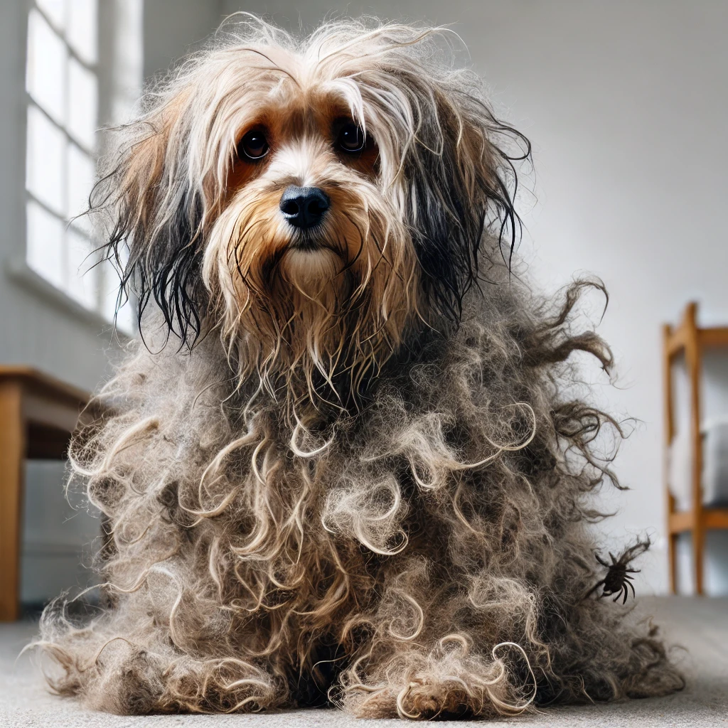 כלב עם פרווה וקשירות